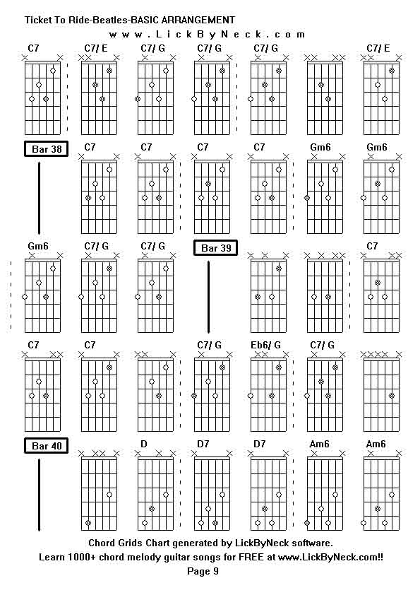 Chord Grids Chart of chord melody fingerstyle guitar song-Ticket To Ride-Beatles-BASIC ARRANGEMENT,generated by LickByNeck software.